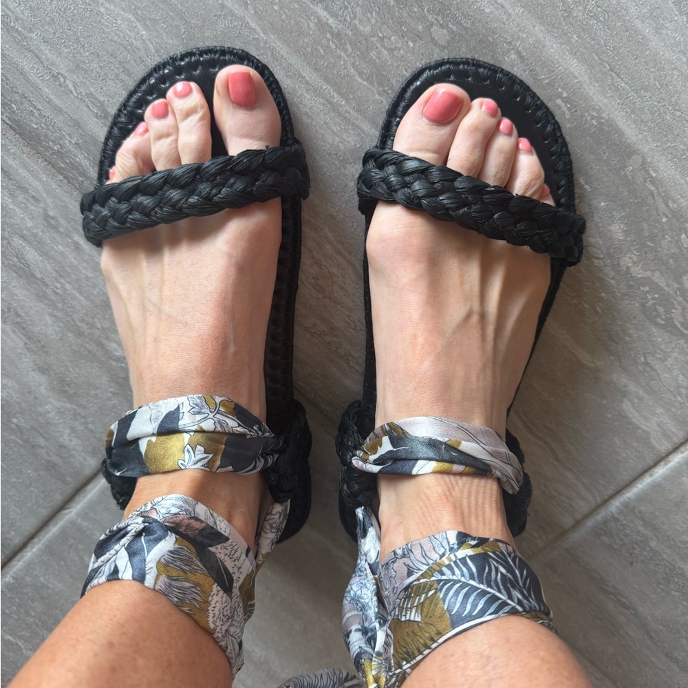 Robert Clergerie Black Braided Sandals with Patterned Straps, never worn!